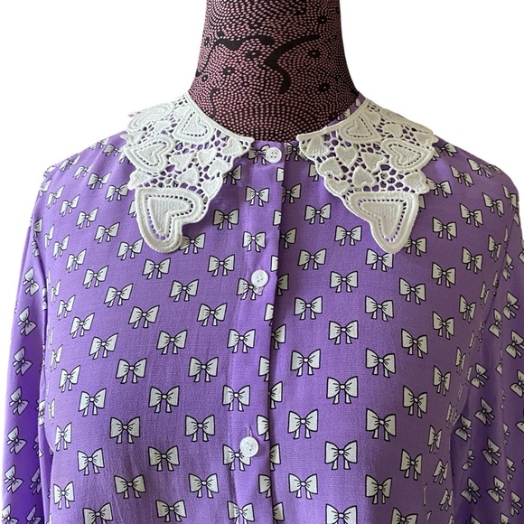 Maje Sz 2 Flowing Bows Print Purple Guipure Collar Top - Picture 6 of 10